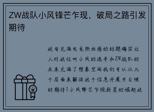 ZW战队小风锋芒乍现，破局之路引发期待